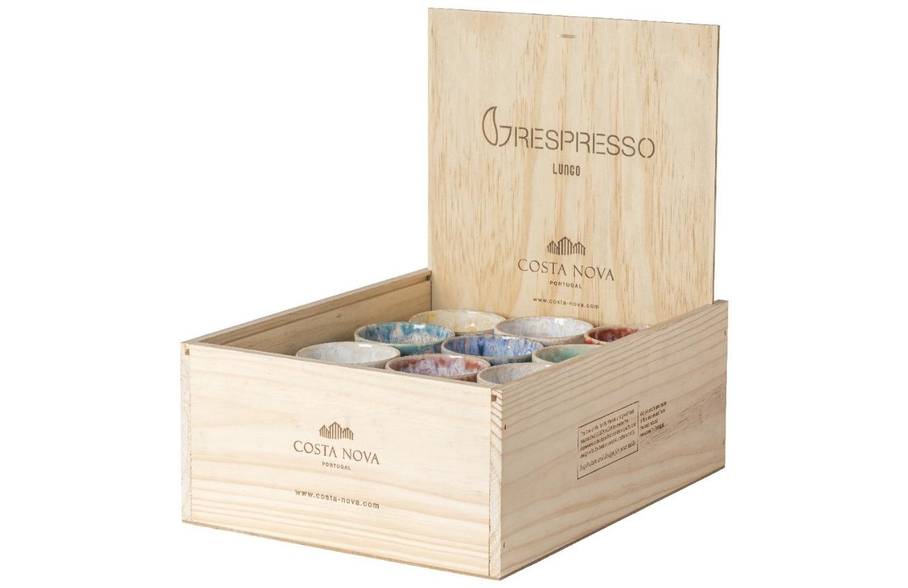 Dřevěný box s 24 barevnými šálky na lungo